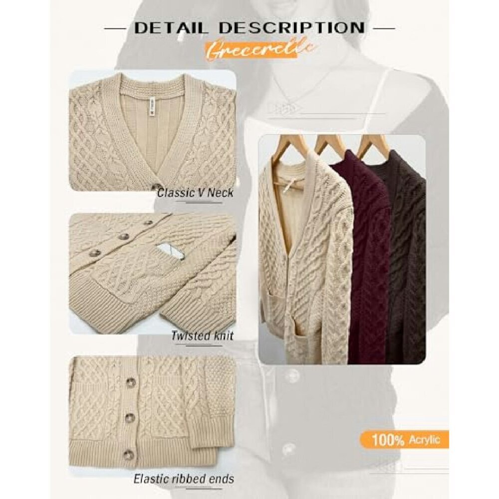 Long Sleeve Cable Knit Cardigan with Pockets, Loose Fit, 100% Acrylic - Picture 5 of 8